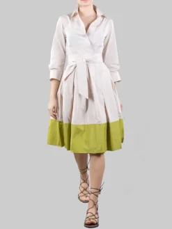 Clearance SARA ROKA ABITO CHEMISIER ELENA BEIGE E LIME CON CINTURA IN VITA Beigeelime