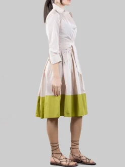 Clearance SARA ROKA ABITO CHEMISIER ELENA BEIGE E LIME CON CINTURA IN VITA Beigeelime