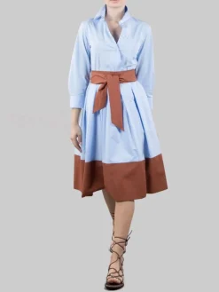 Outlet SARA ROKA ABITO CHEMISIER ELENA CORTO CELESTE E MARRONE CON CINTURA IN VITA Celesteemarrone