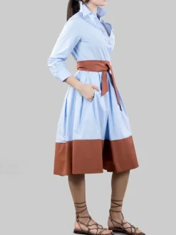 Outlet SARA ROKA ABITO CHEMISIER ELENA CORTO CELESTE E MARRONE CON CINTURA IN VITA Celesteemarrone