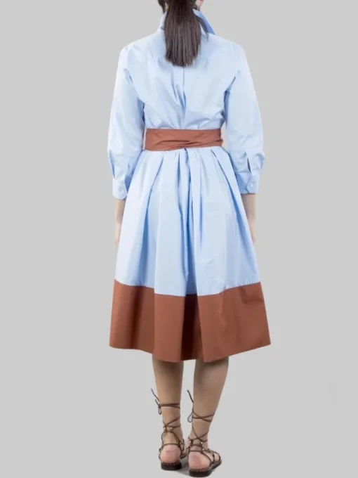 Outlet SARA ROKA ABITO CHEMISIER ELENA CORTO CELESTE E MARRONE CON CINTURA IN VITA Celesteemarrone