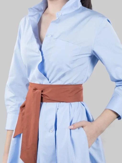 Outlet SARA ROKA ABITO CHEMISIER ELENA CORTO CELESTE E MARRONE CON CINTURA IN VITA Celesteemarrone