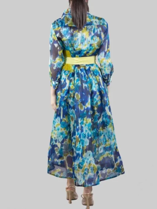 Hot SARA ROKA ABITO CHEMISIER IN SETA A FIORI E LIME CON CINTURA Fantasia
