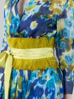 Hot SARA ROKA ABITO CHEMISIER IN SETA A FIORI E LIME CON CINTURA Fantasia
