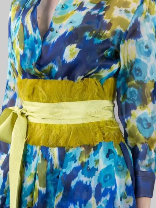 Hot SARA ROKA ABITO CHEMISIER IN SETA A FIORI E LIME CON CINTURA Fantasia