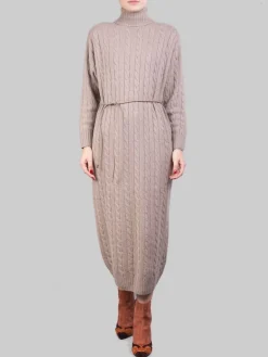 Clearance PESERICO ABITO LUNGO A COLLO ALTO E LUREX IN FILATI PREGIATI CON CINTURA IN VITA Tortora