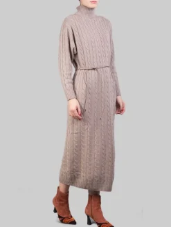 Clearance PESERICO ABITO LUNGO A COLLO ALTO E LUREX IN FILATI PREGIATI CON CINTURA IN VITA Tortora