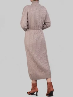 Clearance PESERICO ABITO LUNGO A COLLO ALTO E LUREX IN FILATI PREGIATI CON CINTURA IN VITA Tortora