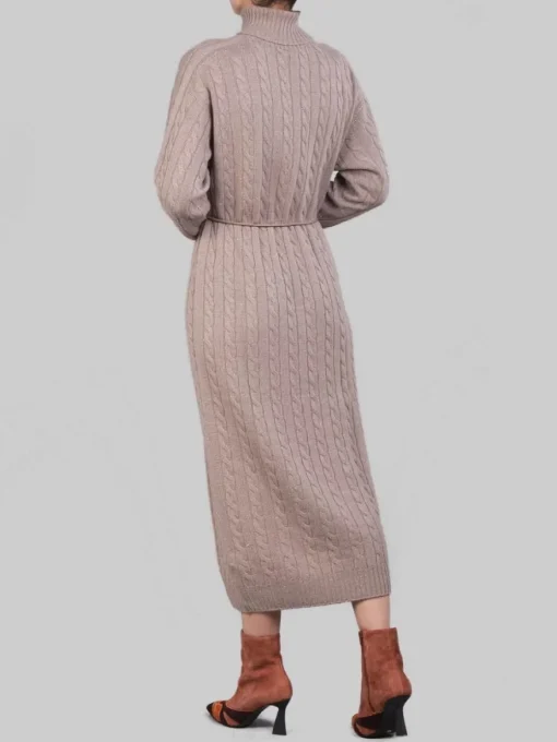 Clearance PESERICO ABITO LUNGO A COLLO ALTO E LUREX IN FILATI PREGIATI CON CINTURA IN VITA Tortora