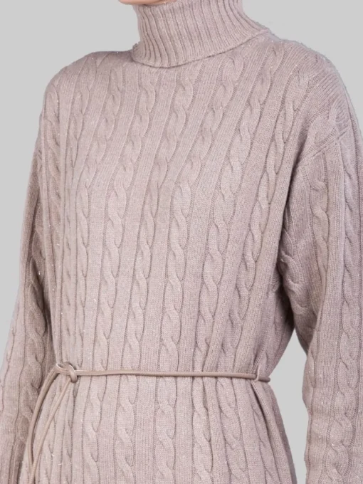 Clearance PESERICO ABITO LUNGO A COLLO ALTO E LUREX IN FILATI PREGIATI CON CINTURA IN VITA Tortora