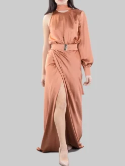New PINKO ABITO LUNGO ANSONICA IN RASO CON SPACCO E CINTURA IN VITA Bronzo