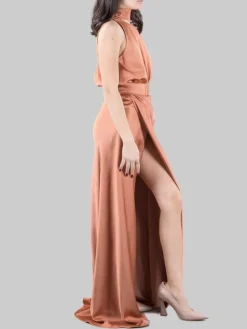 New PINKO ABITO LUNGO ANSONICA IN RASO CON SPACCO E CINTURA IN VITA Bronzo