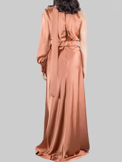 New PINKO ABITO LUNGO ANSONICA IN RASO CON SPACCO E CINTURA IN VITA Bronzo
