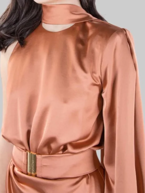 New PINKO ABITO LUNGO ANSONICA IN RASO CON SPACCO E CINTURA IN VITA Bronzo