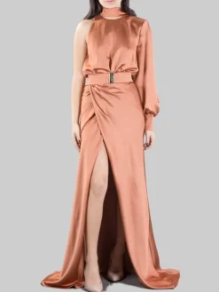 New PINKO ABITO LUNGO ANSONICA IN RASO CON SPACCO E CINTURA IN VITA Bronzo