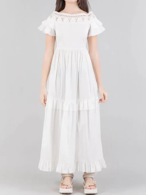 Fashion MILVA MI ABITO LUNGO CON RICAMI E BALZE Bianco