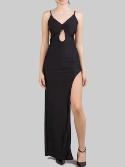 New HOUSE OF AMEN ABITO LUNGO IN LYCRA BRILLANTE CON SPACCO Nero