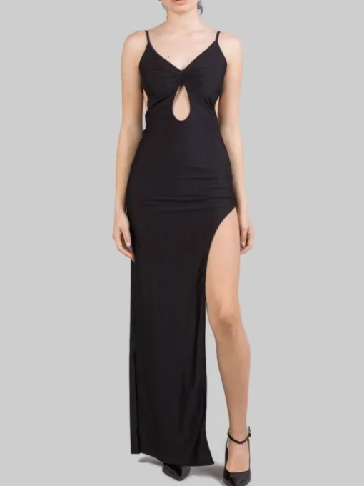 New HOUSE OF AMEN ABITO LUNGO IN LYCRA BRILLANTE CON SPACCO Nero