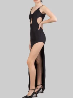 New HOUSE OF AMEN ABITO LUNGO IN LYCRA BRILLANTE CON SPACCO Nero