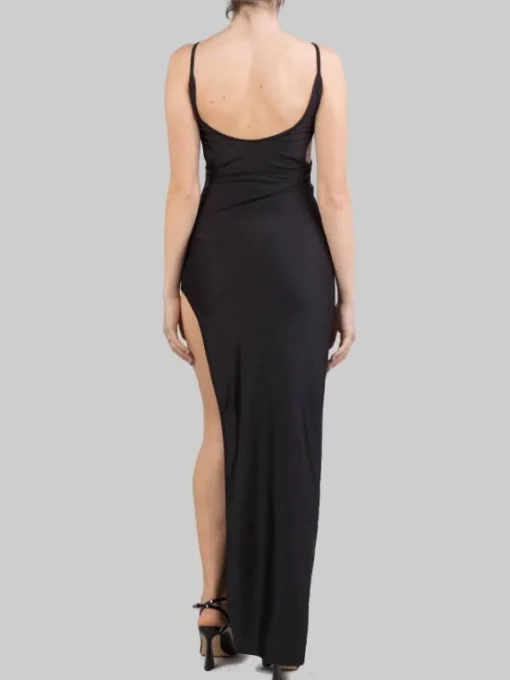 New HOUSE OF AMEN ABITO LUNGO IN LYCRA BRILLANTE CON SPACCO Nero