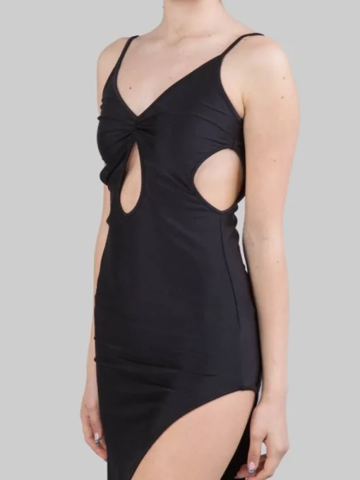 New HOUSE OF AMEN ABITO LUNGO IN LYCRA BRILLANTE CON SPACCO Nero