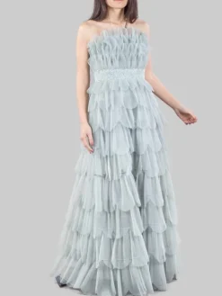 Hot CARLA RUIZ ABITO LUNGO IN PETALI DI TULLE CON CINTURA GIOIELLO Grigio