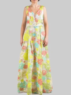 Clearance CARLA RUIZ ABITO LUNGO REALIZZATO IN TULLE RICAMATO CON FIORI MULTICOLORE E CINTURA IN VITA Turchese