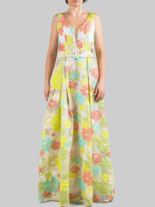 Clearance CARLA RUIZ ABITO LUNGO REALIZZATO IN TULLE RICAMATO CON FIORI MULTICOLORE E CINTURA IN VITA Turchese