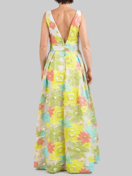 Clearance CARLA RUIZ ABITO LUNGO REALIZZATO IN TULLE RICAMATO CON FIORI MULTICOLORE E CINTURA IN VITA Turchese