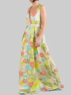 Clearance CARLA RUIZ ABITO LUNGO REALIZZATO IN TULLE RICAMATO CON FIORI MULTICOLORE E CINTURA IN VITA Turchese