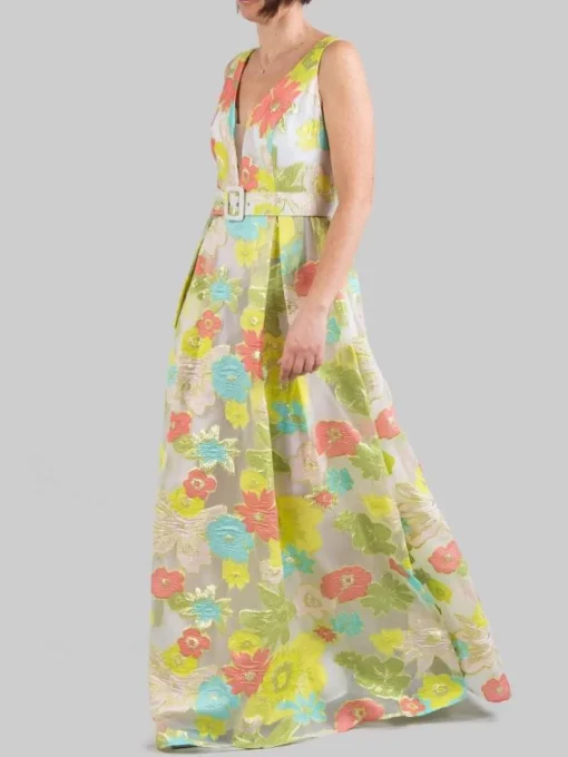 Clearance CARLA RUIZ ABITO LUNGO REALIZZATO IN TULLE RICAMATO CON FIORI MULTICOLORE E CINTURA IN VITA Turchese