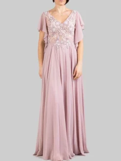 Outlet CARLA RUIZ ABITO LUNGO CON CORPETTO RICAMATO E MANICHE VOLANT Rosa