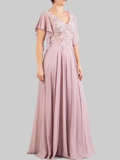 Outlet CARLA RUIZ ABITO LUNGO CON CORPETTO RICAMATO E MANICHE VOLANT Rosa