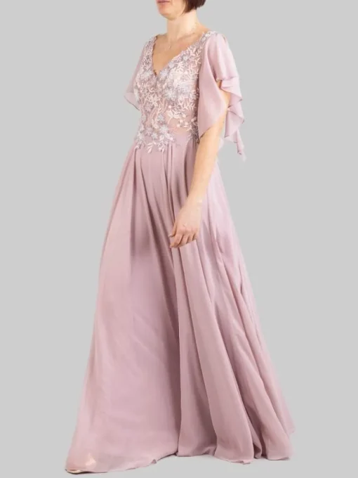 Outlet CARLA RUIZ ABITO LUNGO CON CORPETTO RICAMATO E MANICHE VOLANT Rosa