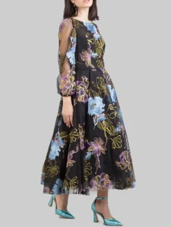 Outlet CARLA RUIZ ABITO MIDI A FANTASIA SU FONDO CON FIORI RICAMATI E PAILLETTES Nero