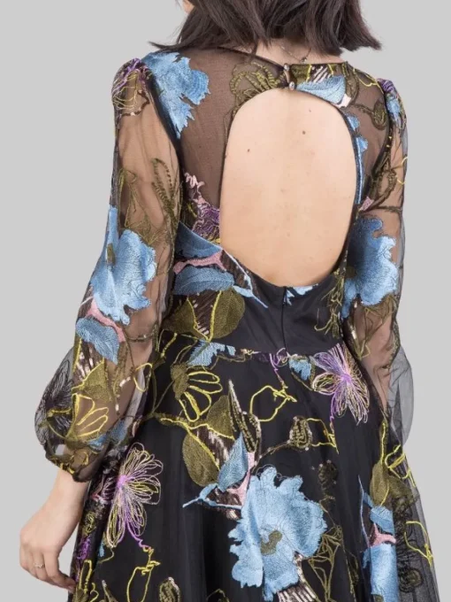 Outlet CARLA RUIZ ABITO MIDI A FANTASIA SU FONDO CON FIORI RICAMATI E PAILLETTES Nero