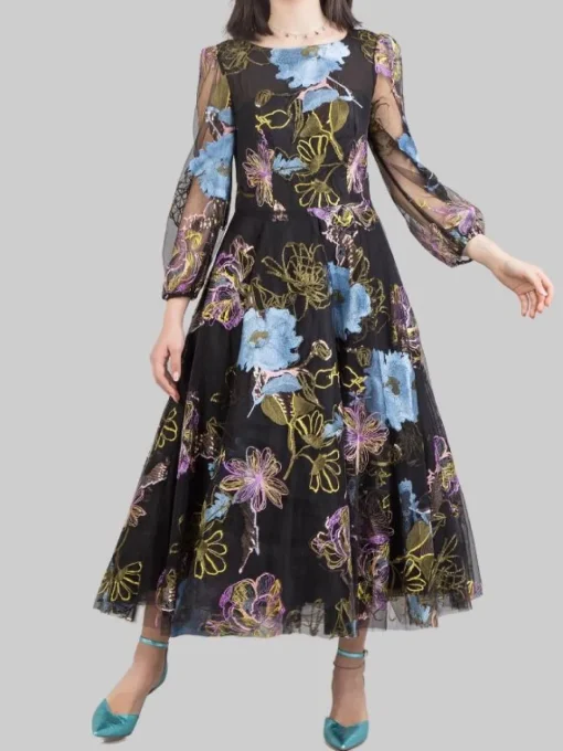 Outlet CARLA RUIZ ABITO MIDI A FANTASIA SU FONDO CON FIORI RICAMATI E PAILLETTES Nero