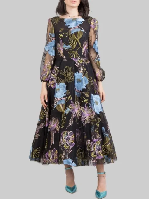 Outlet CARLA RUIZ ABITO MIDI A FANTASIA SU FONDO CON FIORI RICAMATI E PAILLETTES Nero