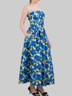Sale PHILOSOPHY DI LORENZO SERAFINI ABITO MIDI BUSTIER SENZA MANICHE A FANTASIA ROSE BLU Bianco