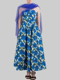 Sale PHILOSOPHY DI LORENZO SERAFINI ABITO MIDI BUSTIER SENZA MANICHE A FANTASIA ROSE BLU Bianco