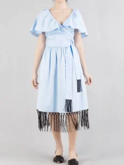 Online KARL LAGERFELD ABITO MIDI IN COTONE INCROCIATO CON FRANGE Celeste