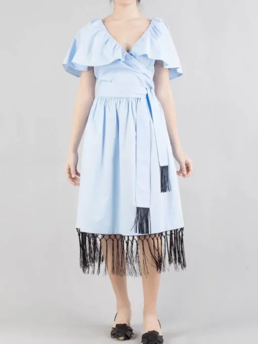 Online KARL LAGERFELD ABITO MIDI IN COTONE INCROCIATO CON FRANGE Celeste