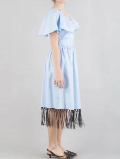 Online KARL LAGERFELD ABITO MIDI IN COTONE INCROCIATO CON FRANGE Celeste