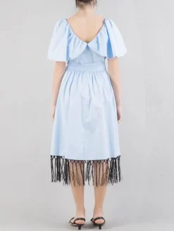 Online KARL LAGERFELD ABITO MIDI IN COTONE INCROCIATO CON FRANGE Celeste