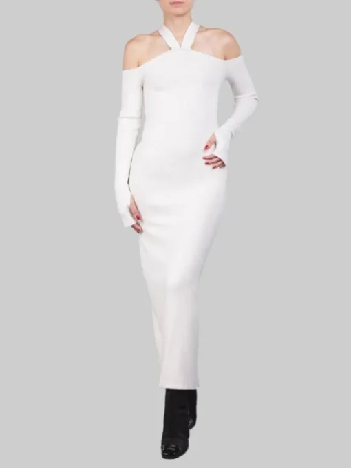 Online AKEP ABITO MIDI IN MAGLIA CON SCOLLATURA A SPALLE SCOPERTE Panna