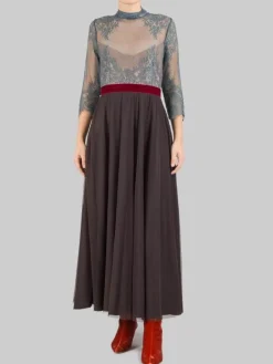 Hot MADAME SHOUSHOU ABITO MIDI IN PIZZO VERDE SALVIA E GONNA IN TULLE MARRONE CON CINTURA IN VELLUTO Multicolor