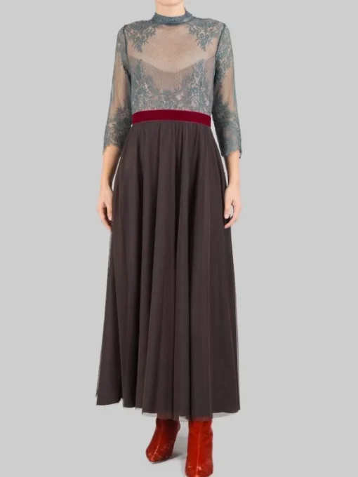 Hot MADAME SHOUSHOU ABITO MIDI IN PIZZO VERDE SALVIA E GONNA IN TULLE MARRONE CON CINTURA IN VELLUTO Multicolor
