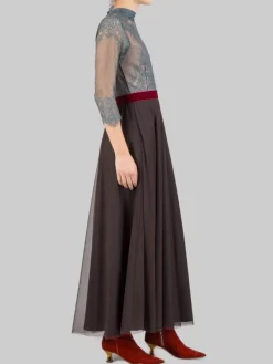 Hot MADAME SHOUSHOU ABITO MIDI IN PIZZO VERDE SALVIA E GONNA IN TULLE MARRONE CON CINTURA IN VELLUTO Multicolor
