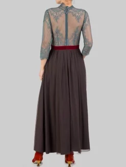 Hot MADAME SHOUSHOU ABITO MIDI IN PIZZO VERDE SALVIA E GONNA IN TULLE MARRONE CON CINTURA IN VELLUTO Multicolor