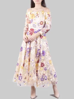 Hot CARLA RUIZ ABITO MIDI IN TULLE RICAMATO CON FIORI MULTICOLORE E MINI CINTURA IN VITA Rosa